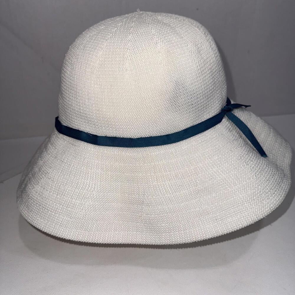 Scala Minimalist Green‎ Bow Adjustable Size White Wide Brim Bucket Cap Sun Hat
